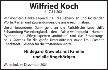Traueranzeige von Wilfried Koch von Deister- und Weserzeitung