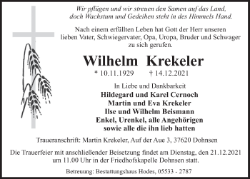 Traueranzeige von Wilhelm Krekeler von Deister- und Weserzeitung