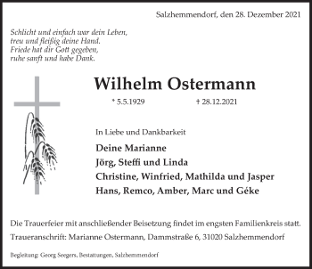 Traueranzeige von Wilhelm Ostermann von Deister- und Weserzeitung
