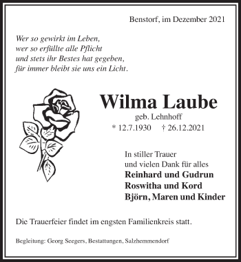 Traueranzeige von Wilma Laube von Deister- und Weserzeitung