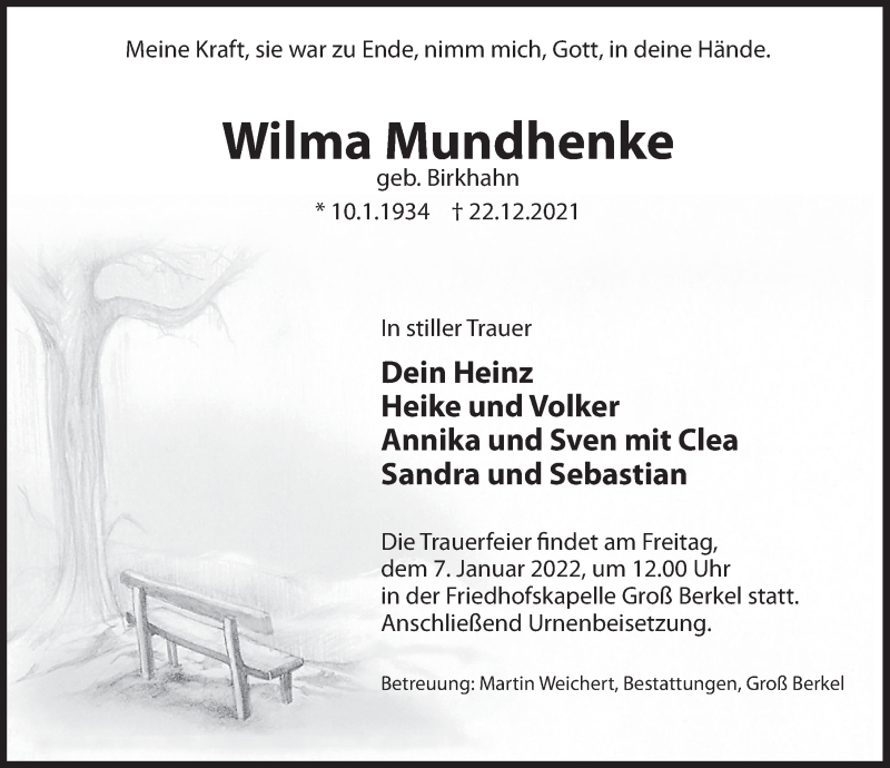  Traueranzeige für Wilma Mundhenke vom 31.12.2021 aus Deister- und Weserzeitung