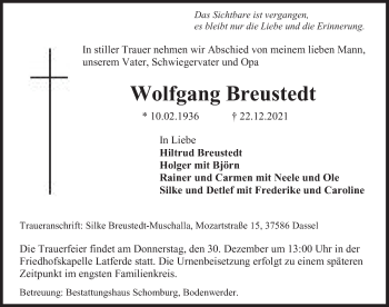 Traueranzeige von Wolfgang Breustedt von Deister- und Weserzeitung