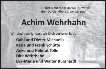 Traueranzeige von Achim Wehrhahn von Deister- und Weserzeitung