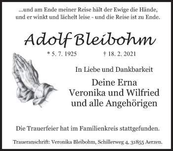 Traueranzeige von Adolf Bleibohm von Deister- und Weserzeitung