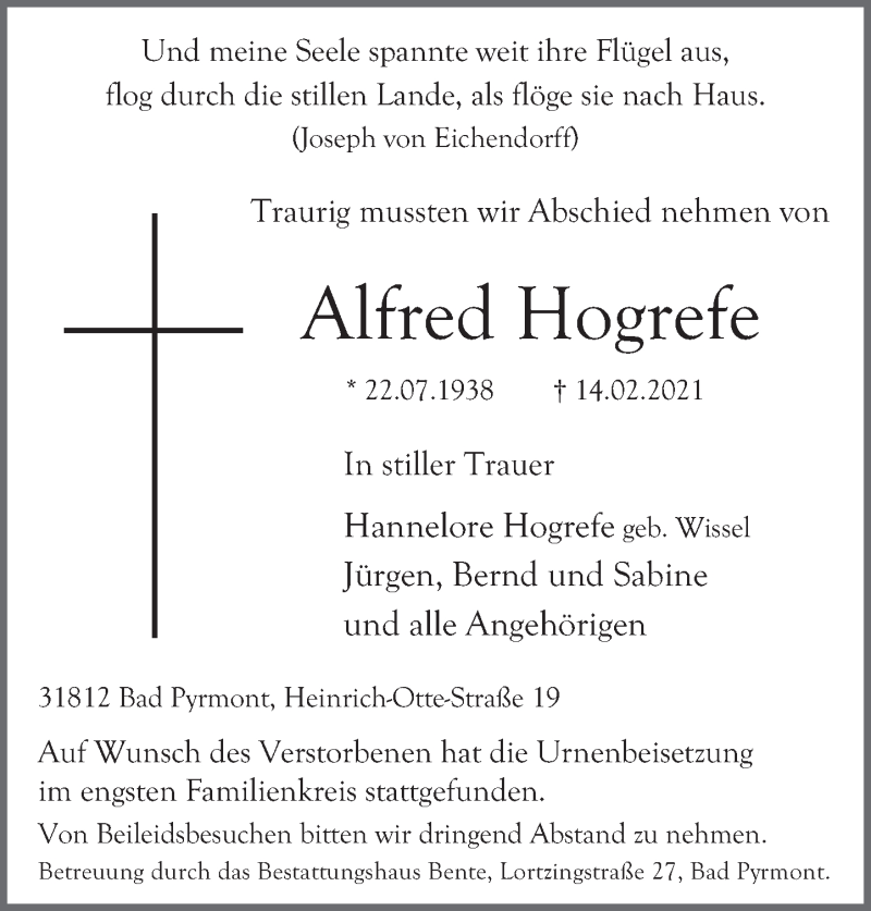  Traueranzeige für Alfred Hogrefe vom 27.02.2021 aus Deister- und Weserzeitung