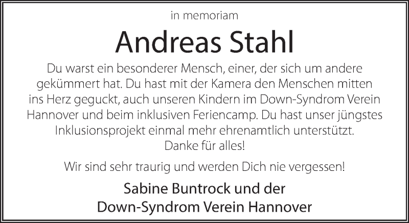  Traueranzeige für Andreas Stahl vom 20.02.2021 aus Deister- und Weserzeitung