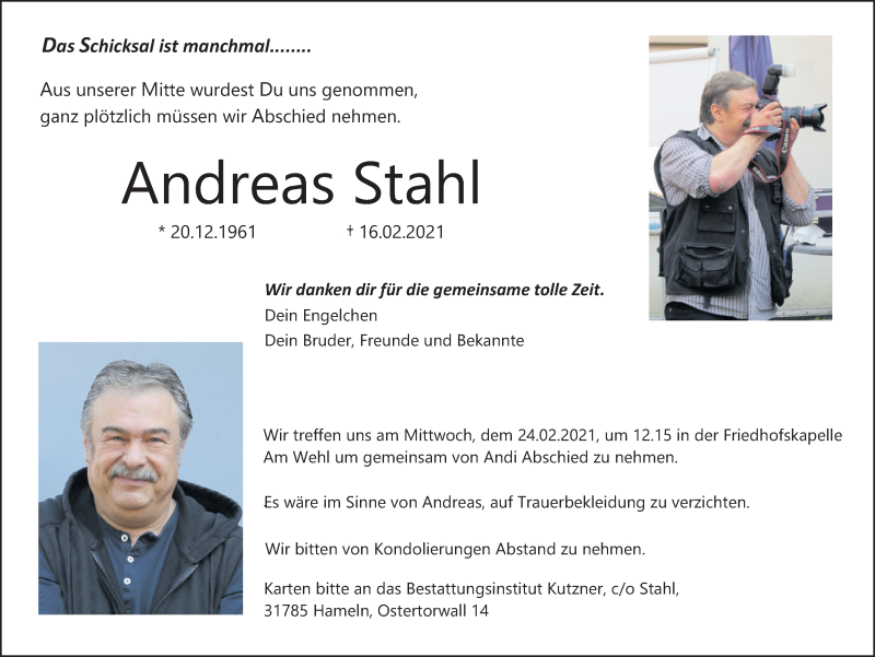  Traueranzeige für Andreas Stahl vom 20.02.2021 aus Deister- und Weserzeitung
