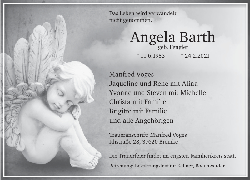  Traueranzeige für Angela Barth vom 27.02.2021 aus Deister- und Weserzeitung