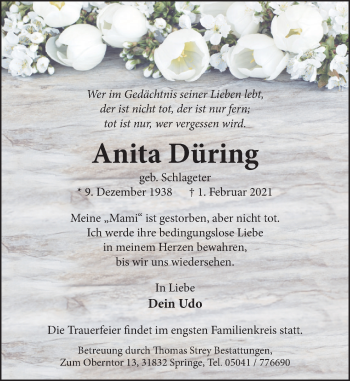 Traueranzeige von Anita Düring von Neue Deister-Zeitung