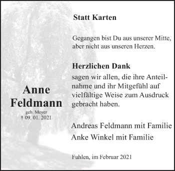 Traueranzeige von Anne Feldmann von Deister- und Weserzeitung
