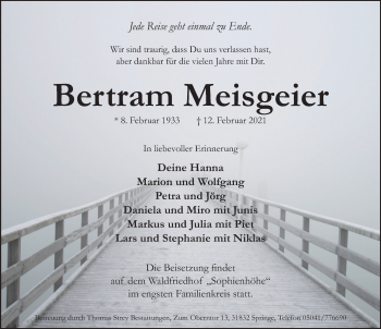 Traueranzeige von Bertram Meisgeier von Neue Deister-Zeitung