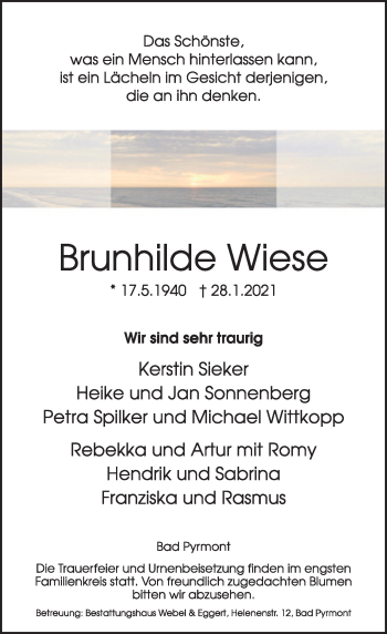 Traueranzeige von Brunhilde Wiese von Deister- und Weserzeitung