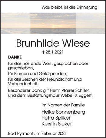 Traueranzeige von Brunhilde Wiese von Deister- und Weserzeitung