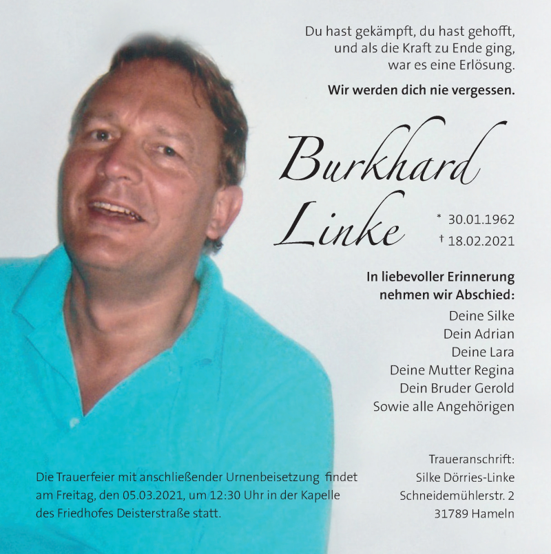  Traueranzeige für Burkhard Linke vom 27.02.2021 aus Deister- und Weserzeitung