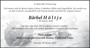 Traueranzeige von Bärbel Höltje von Deister- und Weserzeitung
