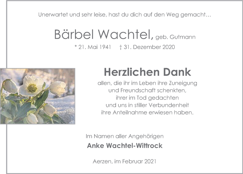  Traueranzeige für Bärbel Wachtel vom 06.02.2021 aus Deister- und Weserzeitung