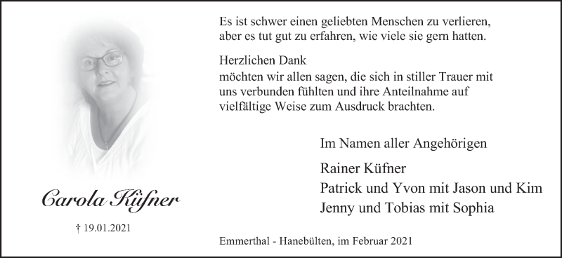  Traueranzeige für Carola Küfner vom 13.02.2021 aus Deister- und Weserzeitung