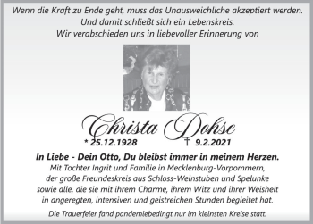 Traueranzeige von Christa Dohse von Deister- und Weserzeitung