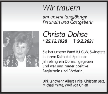 Traueranzeige von Christa Dohse von Deister- und Weserzeitung