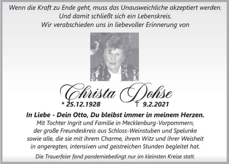  Traueranzeige für Christa Dohse vom 20.02.2021 aus Deister- und Weserzeitung