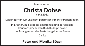 Traueranzeige von Christa Dohse von Deister- und Weserzeitung