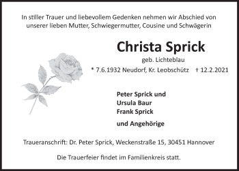 Traueranzeige von Christa Sprick von Deister- und Weserzeitung
