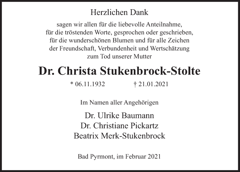  Traueranzeige für Christa Stukenbrock-Stolte vom 13.02.2021 aus Deister- und Weserzeitung