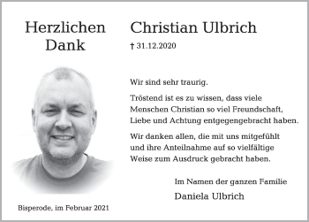 Traueranzeige von Christian Ulbrich von Deister- und Weserzeitung