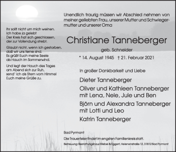 Traueranzeige von Christiane Tanneberger von Deister- und Weserzeitung