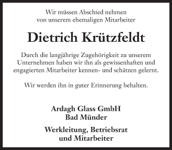 Traueranzeige von Dietrich Krützfeldt von Neue Deister-Zeitung