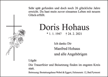 Traueranzeige von Doris Hohaus von Deister- und Weserzeitung