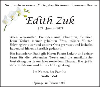 Traueranzeige von Edith Zuk von Neue Deister-Zeitung