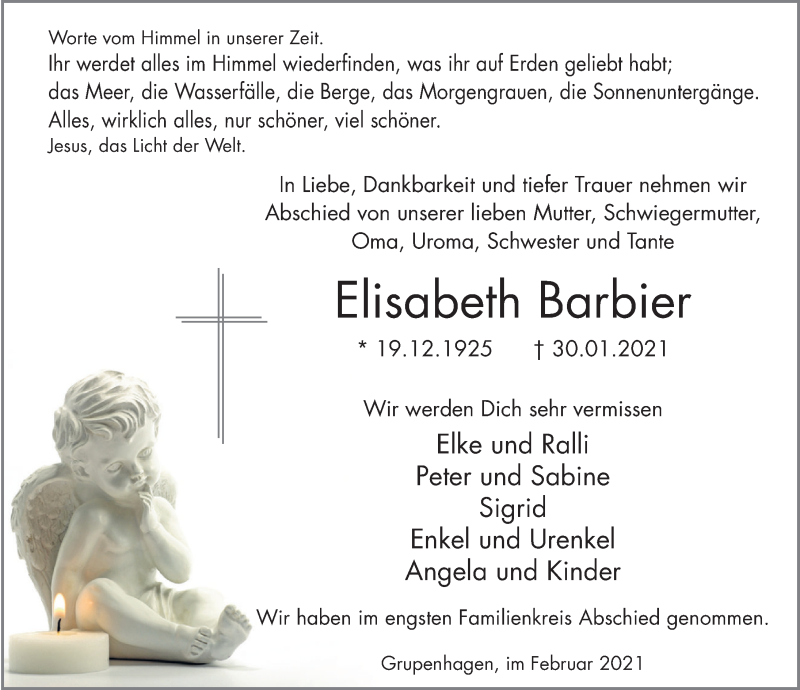  Traueranzeige für Elisabeth Barbier vom 06.02.2021 aus Deister- und Weserzeitung