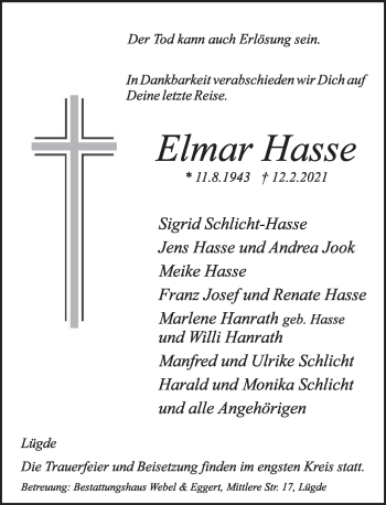 Traueranzeige von Elmar Hasse von Deister- und Weserzeitung
