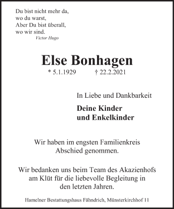 Traueranzeige von Else Bonhagen von Deister- und Weserzeitung