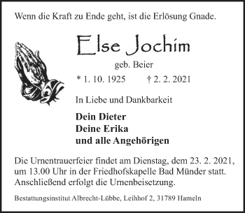 Traueranzeige von Else Jochim von Neue Deister-Zeitung
