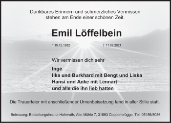 Traueranzeige von Emil Löffelbein von Deister- und Weserzeitung