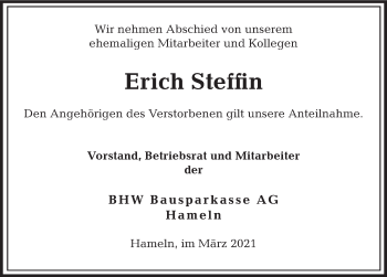 Traueranzeige von Erich Steffin von Deister- und Weserzeitung