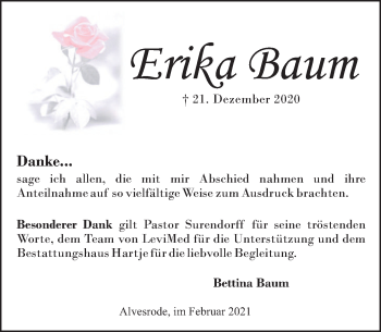 Traueranzeige von Erika Baum von Neue Deister-Zeitung