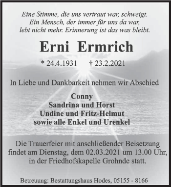 Traueranzeige von Erni Ermrich von Deister- und Weserzeitung