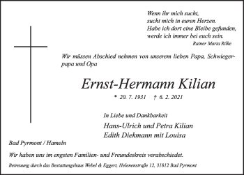 Traueranzeige von Ernst-Hermann Kilian von Deister- und Weserzeitung
