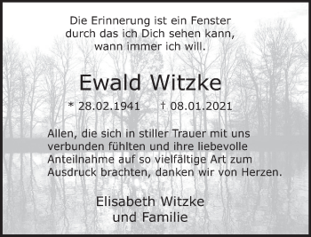 Traueranzeige von Ewald Witzke von Neue Deister-Zeitung