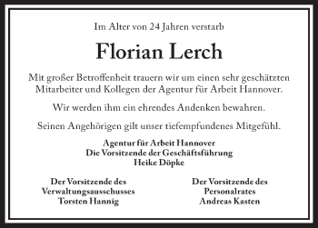 Traueranzeige von Florian Lerch von Deister- und Weserzeitung