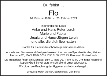 Traueranzeige von Florian Lerch von Deister- und Weserzeitung