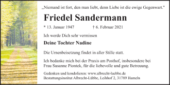 Traueranzeige von Friedel Sandermann von Deister- und Weserzeitung