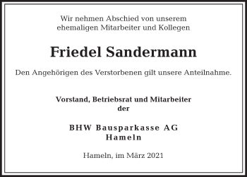 Traueranzeige von Friedel Sandermann von Deister- und Weserzeitung