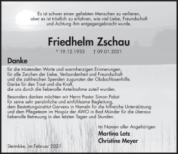 Traueranzeige von Friedhelm Zschau von Deister- und Weserzeitung