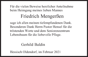 Traueranzeige von Friedrich Mengerßen von Deister- und Weserzeitung