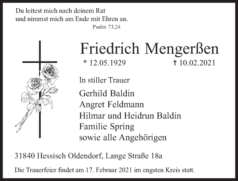  Traueranzeige für Friedrich Mengerßen vom 13.02.2021 aus Deister- und Weserzeitung