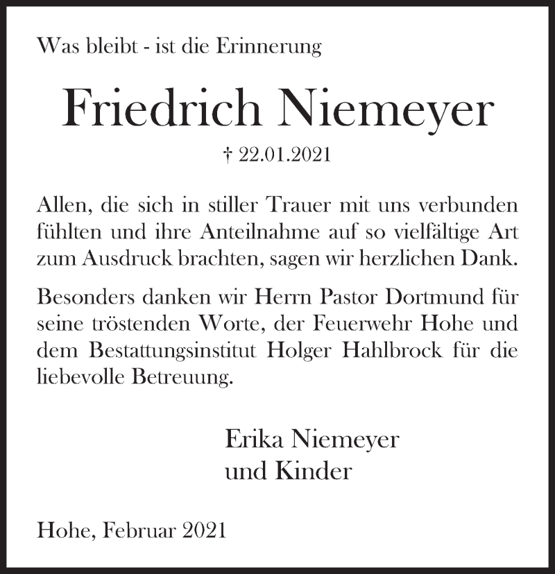  Traueranzeige für Friedrich Niemeyer vom 20.02.2021 aus Deister- und Weserzeitung